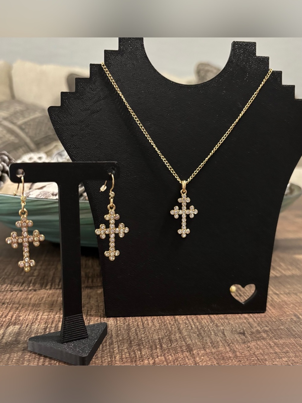 AVON Goldtone Crystal Cross Necklace and Earrings Set